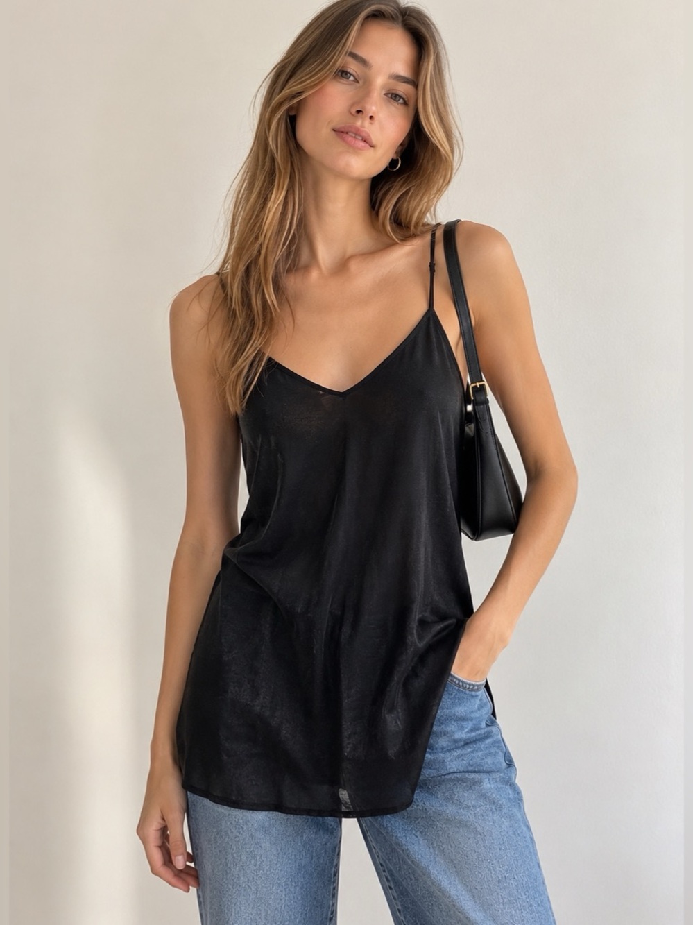 ZARA TRF Black Satin V-Neck Longline Cami Top Adjustable Straps Size S